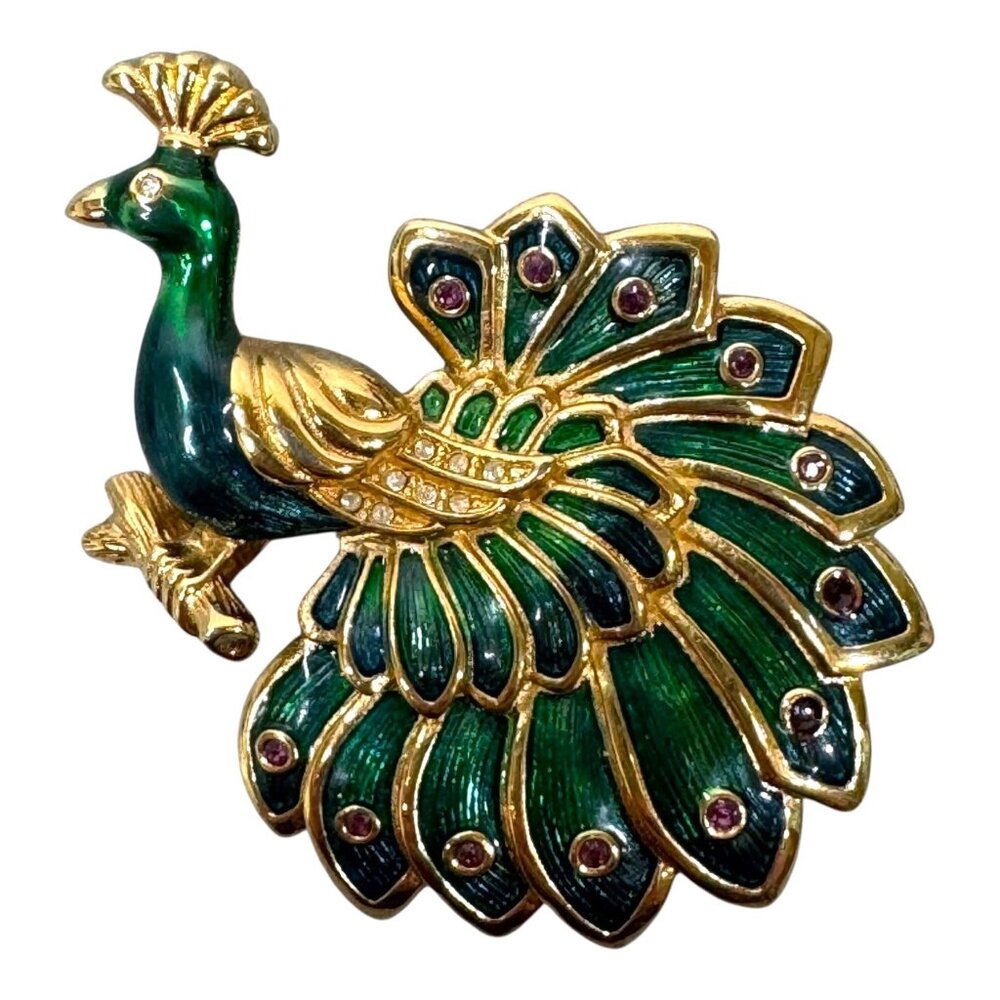 Swarovski Vintage Gold Green Enamel Peacock Brooch Pin Crystal Accents Large 2"